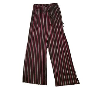 New Mix Palazzo Pleated Pull Up Striped Women Pants - One Size- Black Red